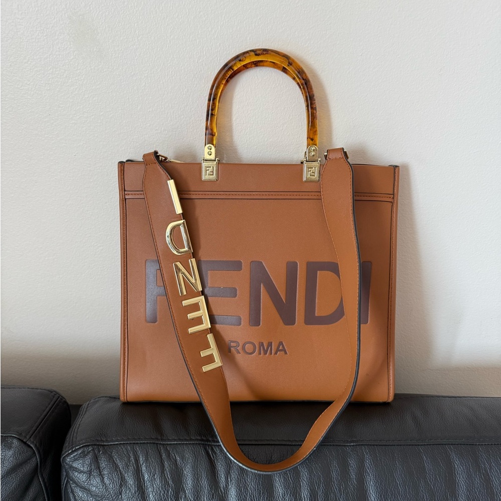 Cognac Designer Leather Tote with Tortoiseshell Handles